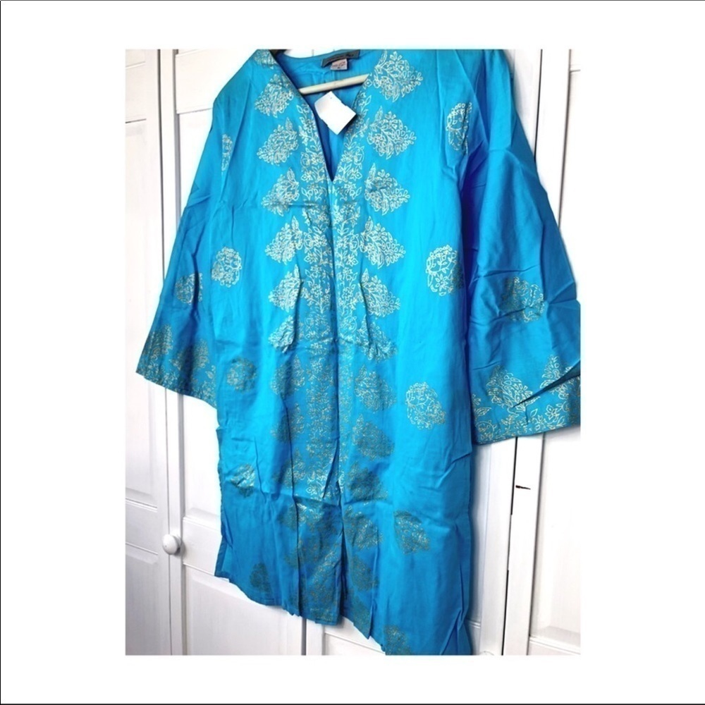 Peppermint Bay Blouse l  TURQUOISE TUNIC-COVER UP l Blue Batik Cotton Top 0828